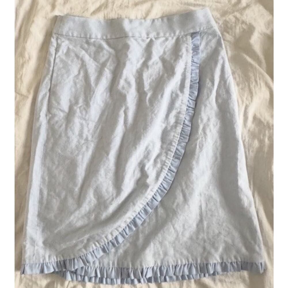 J.CREW Blue Wrap Skirt Womens Size 2 Cotton Ruffle Trim Cottagecore Midi NEW
